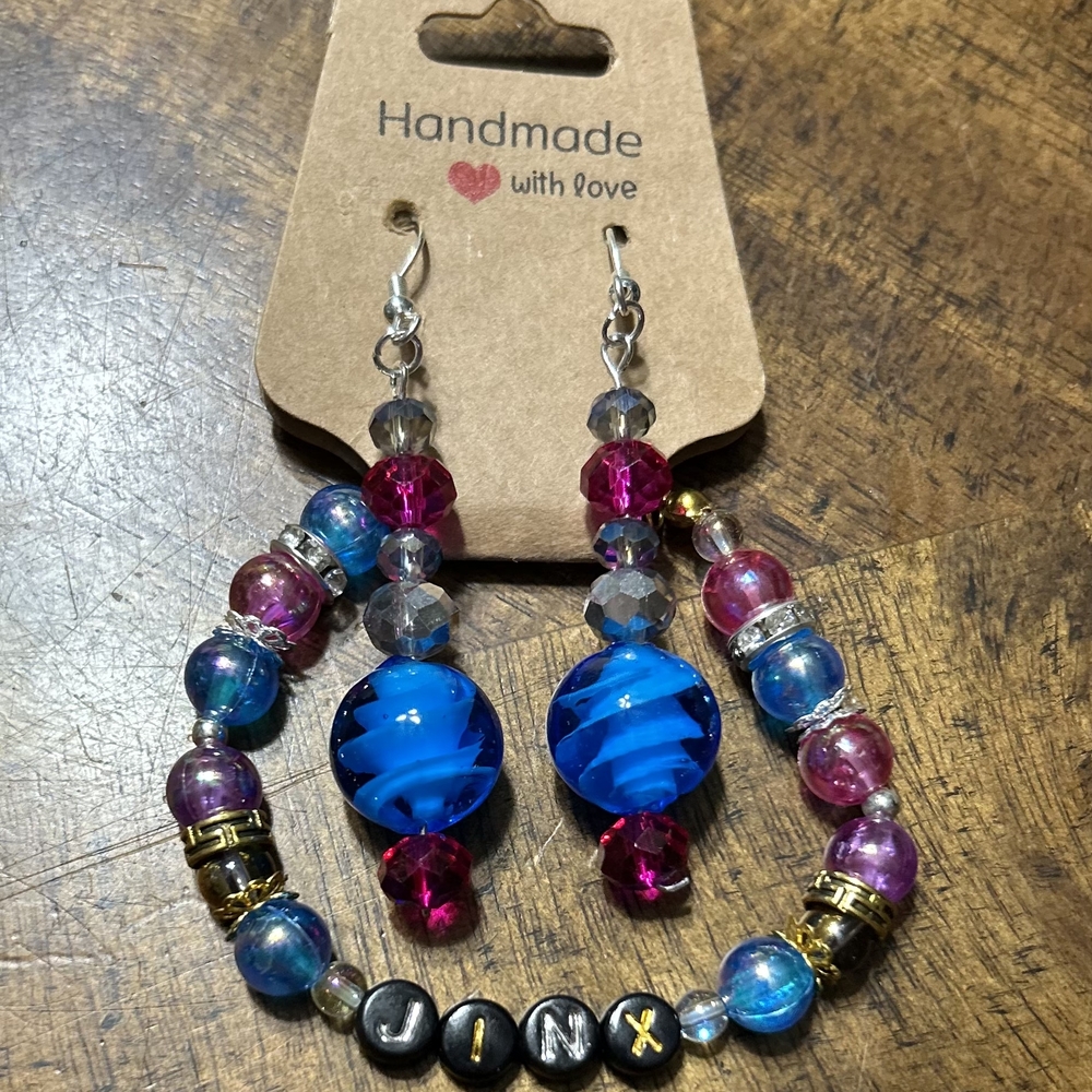 Handmade Blue and Pink Beaded Jewelry Set